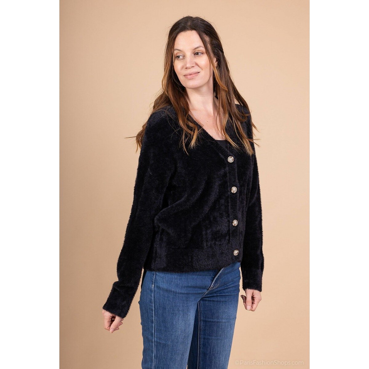 Buttoned V-Neck Cardigan black, SEE U SOON