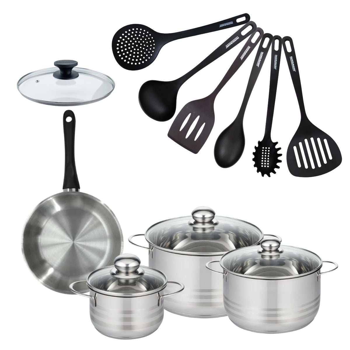 Batterie de cuisine 1 poêle 20cm + 3 faitouts 16/20/24cm GENEVA inox|noir, FACKELMANN
