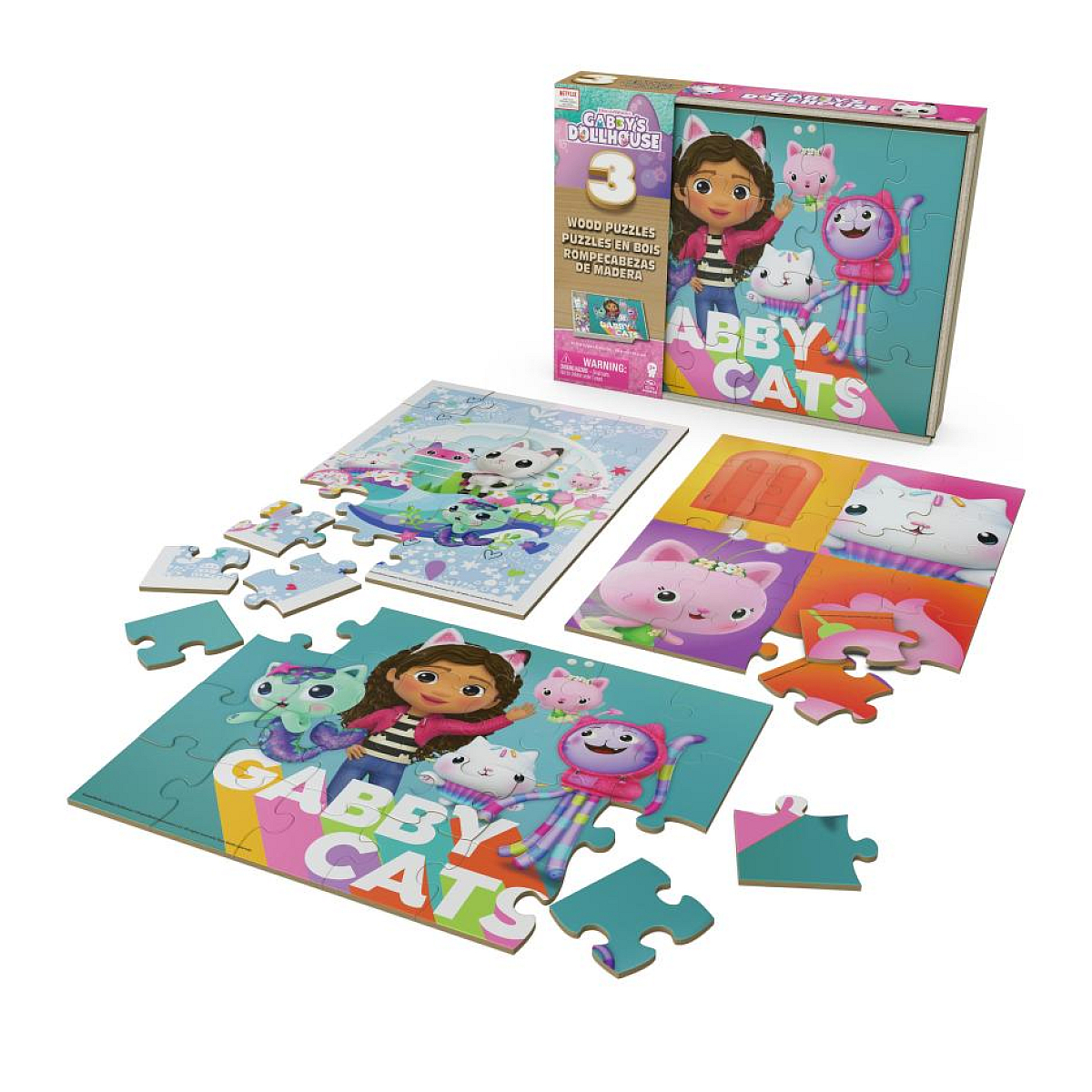 Boite 3 puzzles bois fsc gabby et la maison magique couleur unique, SPINMASTER