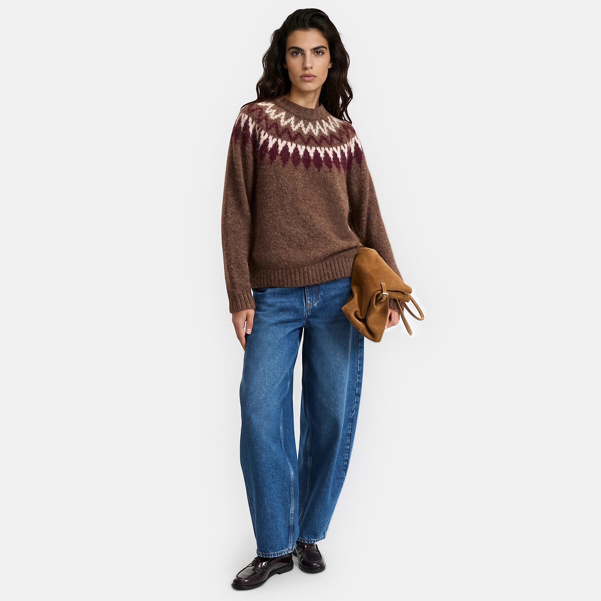 Jersey de jacquard, cuello redondo marrón, LA REDOUTE COLLECTIONS