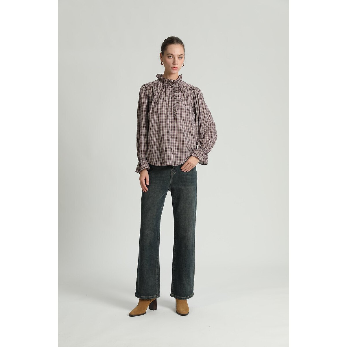 Blouse volant à carreaux, col montant bordeaux, SEE U SOON