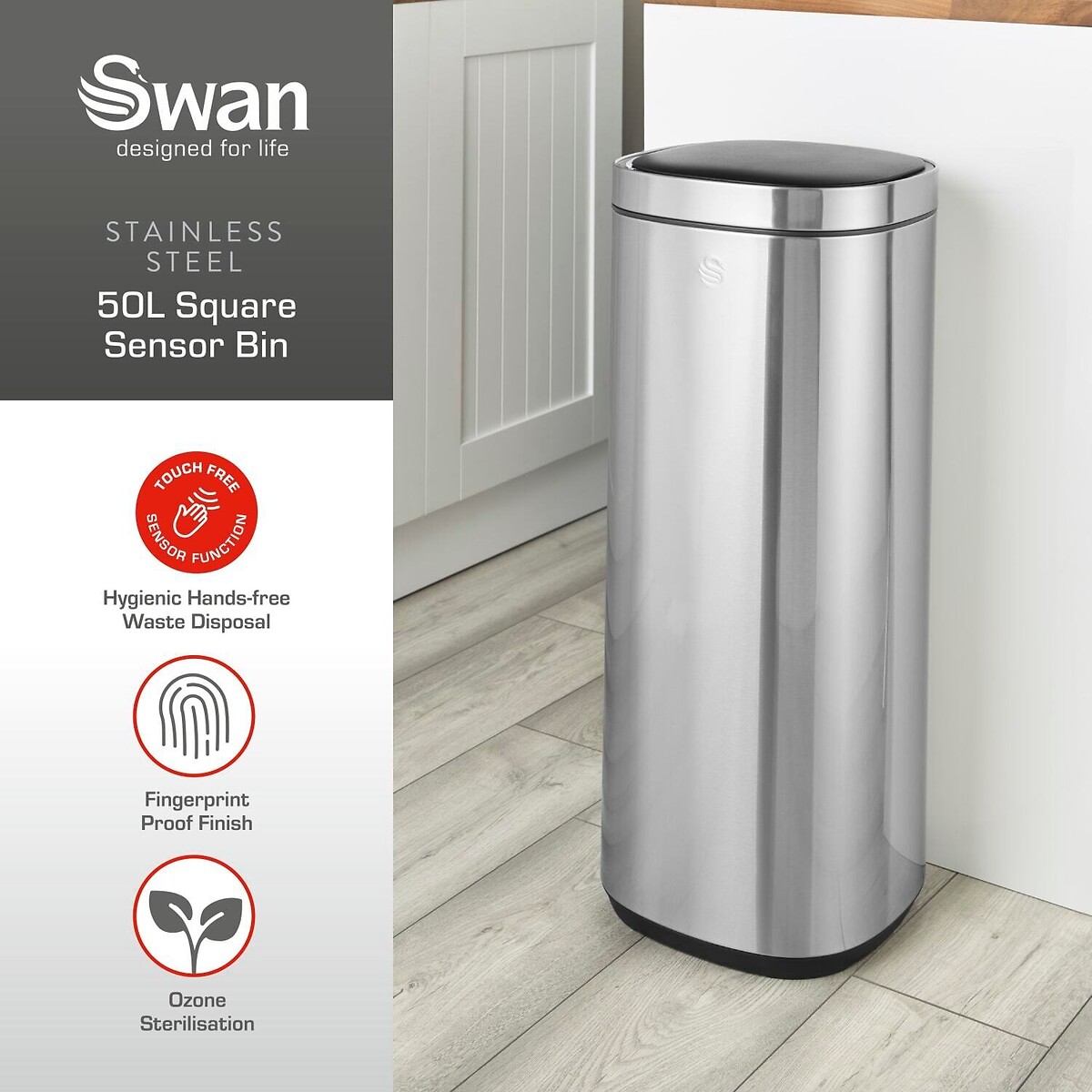 50L Square Sensor Bin silver-coloured, SWAN