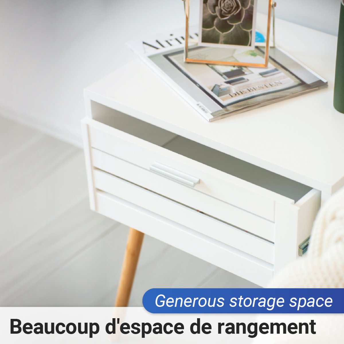 Table d'appoint avec tiroir FINJA blanc et bois, WENKO