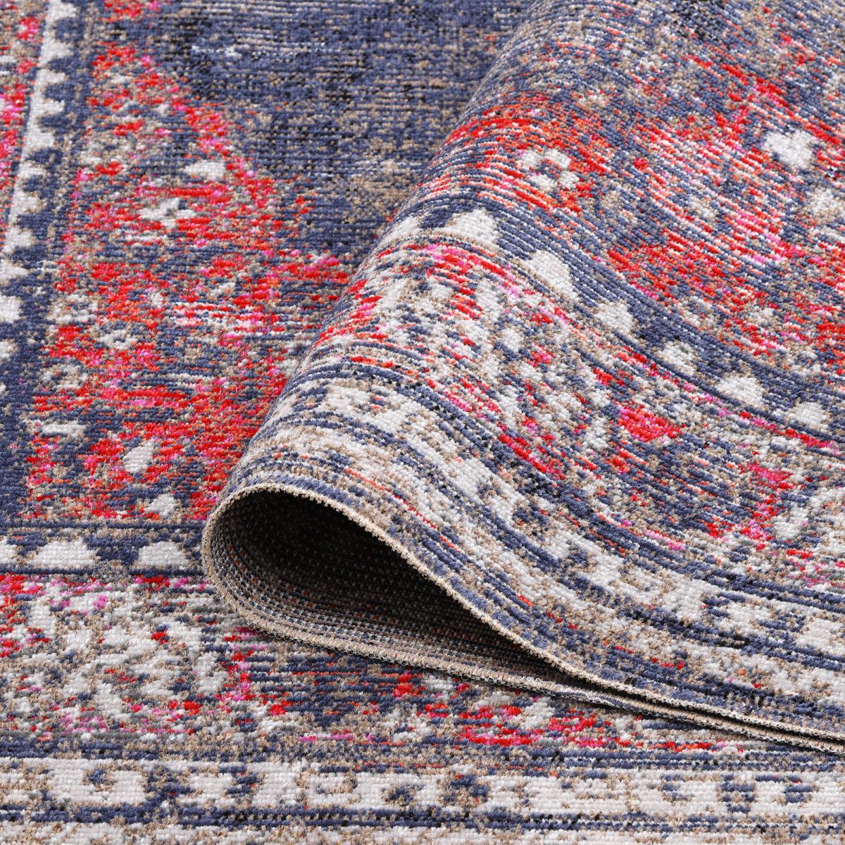 Tapis extérieur tissé kilim rectangle OZLEM rouge, brun, bleu, écru, UN AMOUR DE TAPIS