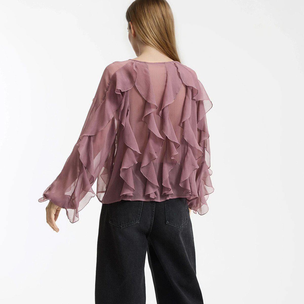 Chemise col rond, volantée, manches longues rose poudré, LA REDOUTE COLLECTIONS