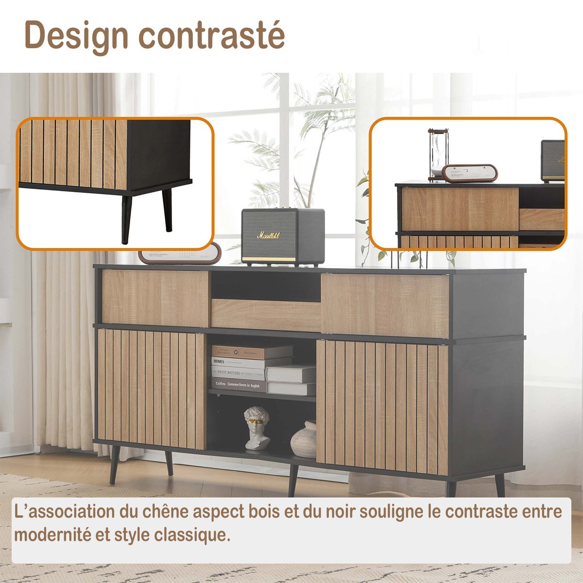 Buffet contemporain avec 4 portes coulissantes et 1 tiroir style contemporain, NOVAKF Buffet chêne, MEUBLES COSY