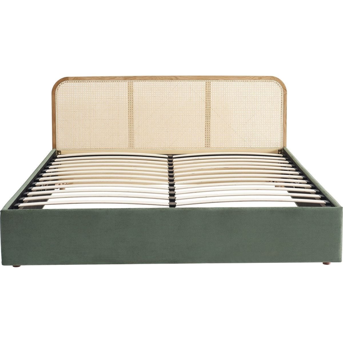 Lit coffre adulte 140x190 cm en velours côtelé avec tête de lit en bois et cannage - ELSA vert, HOMIFAB