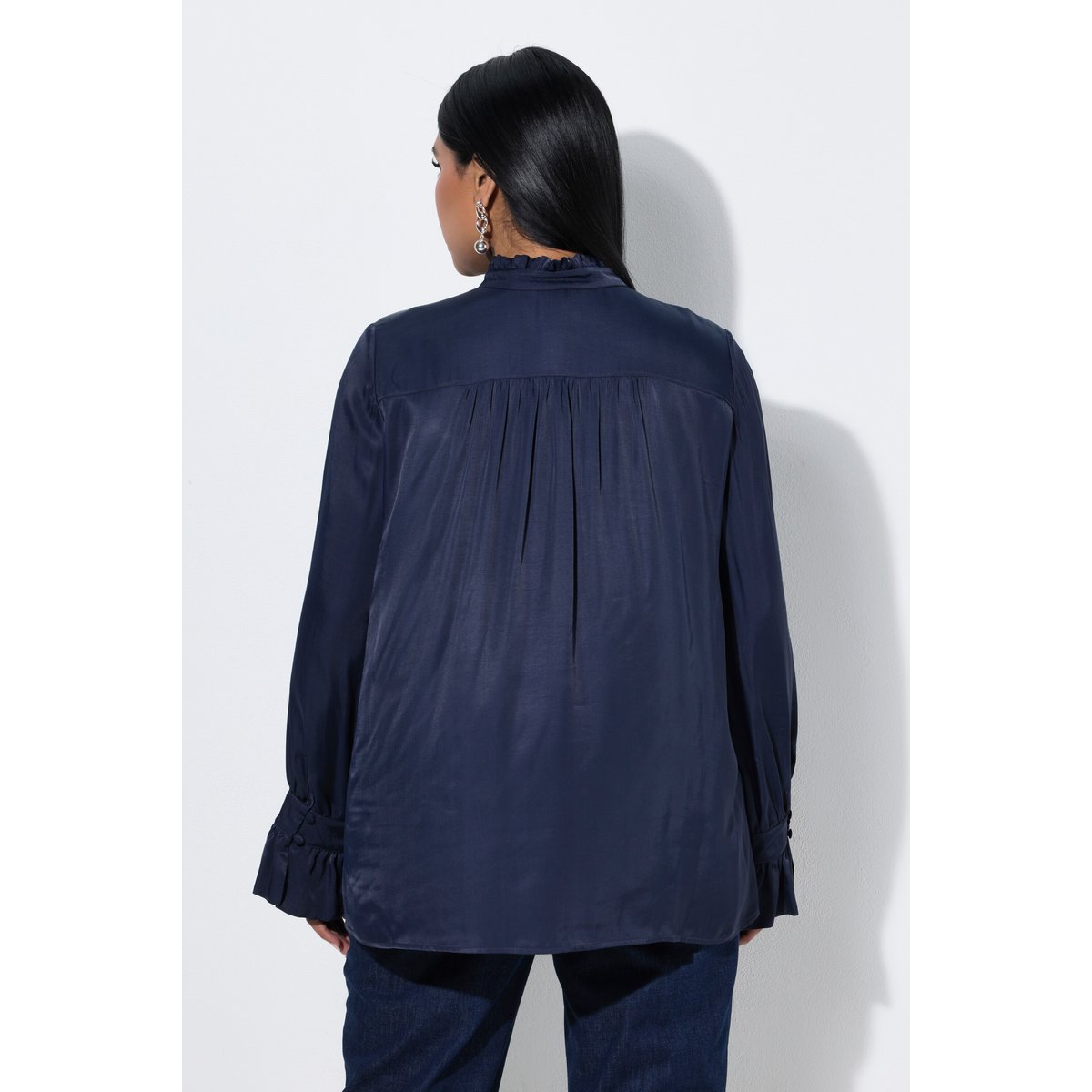Blouse coupe évasée, col montant avec ruchés marine foncé, ULLA POPKEN