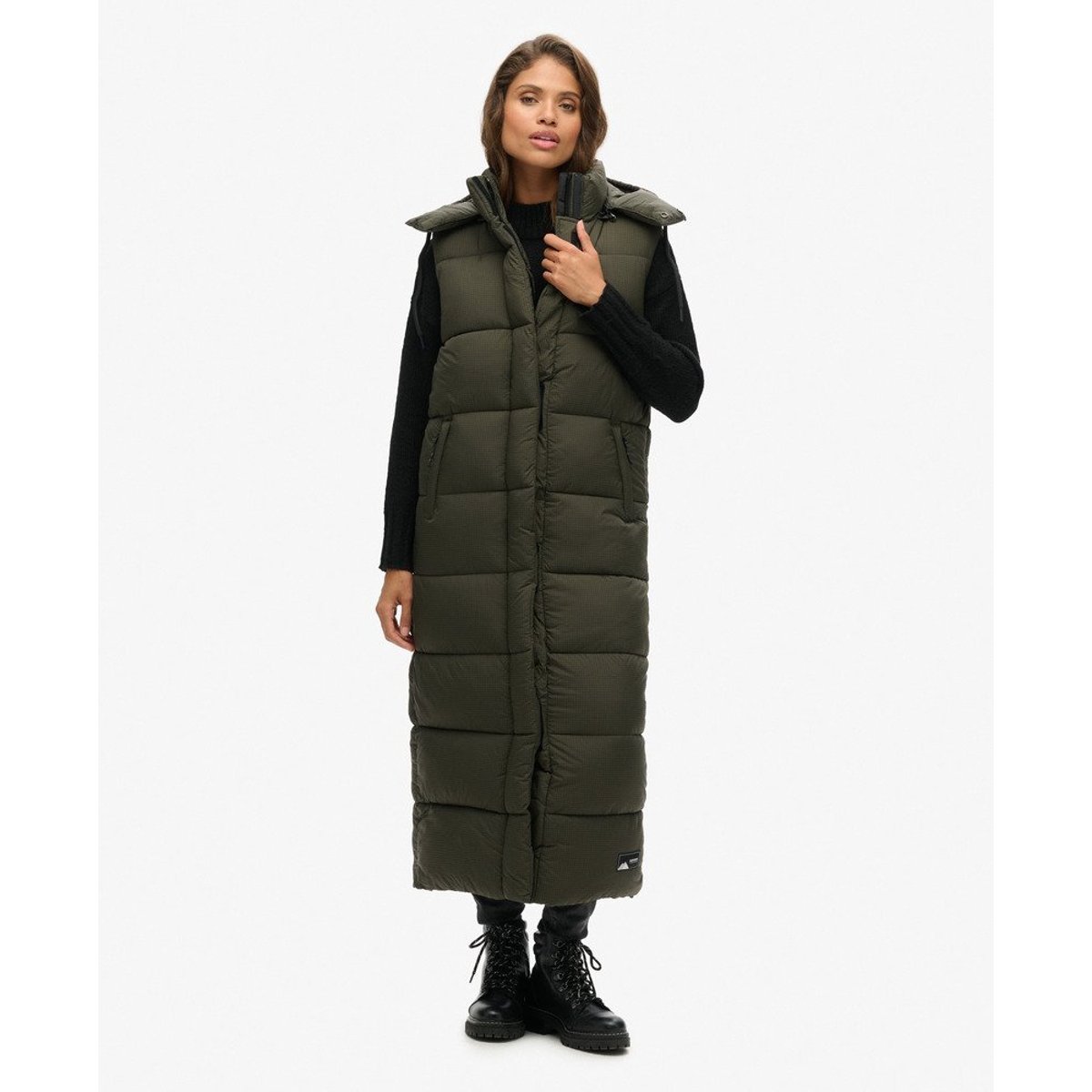 Gilet à capuche long sans manches Ripstop kaki quadrillé, SUPERDRY