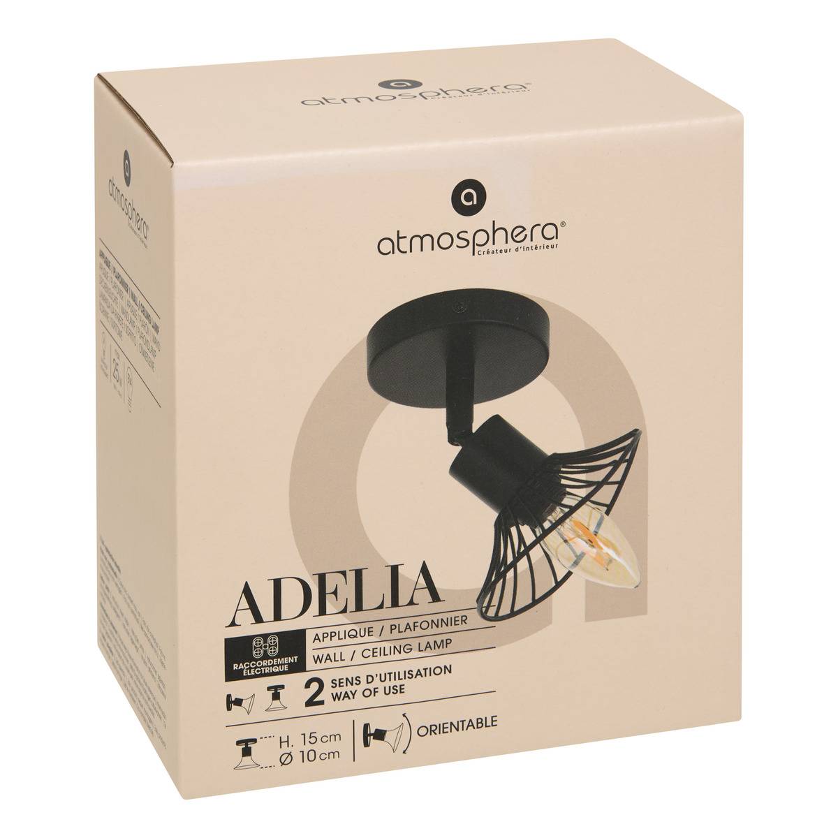 Applique murale spot orientable en métal filaire ADELIA noir, ATMOSPHERA