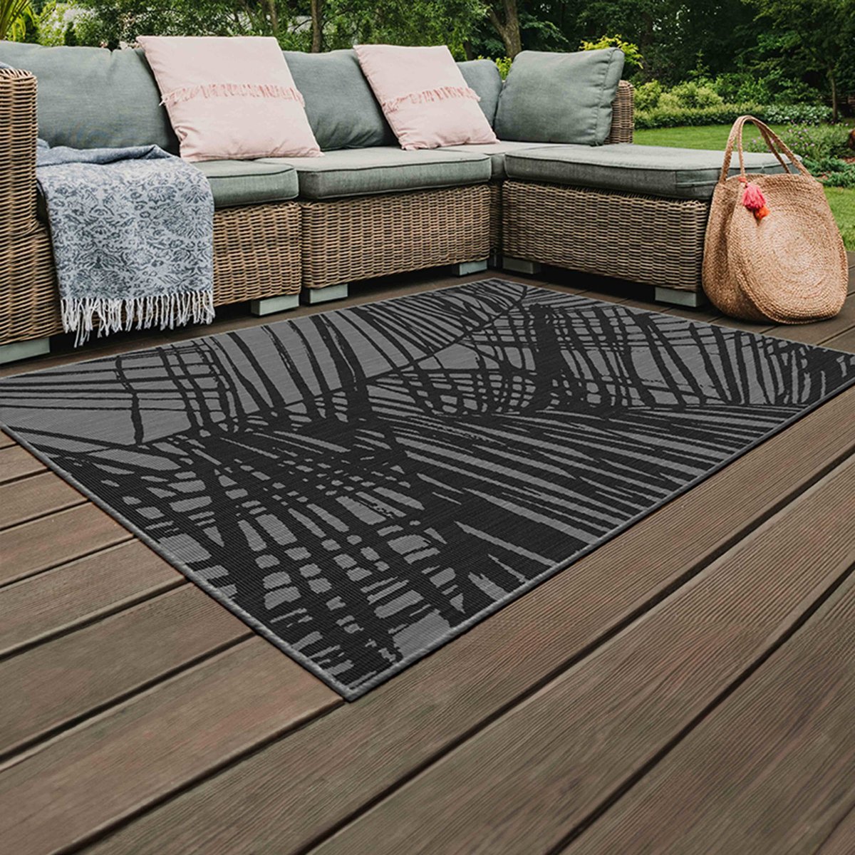 Tapis d'extérieur en polypropylène teinté dans la masse, PALMIO noir, OVIALA