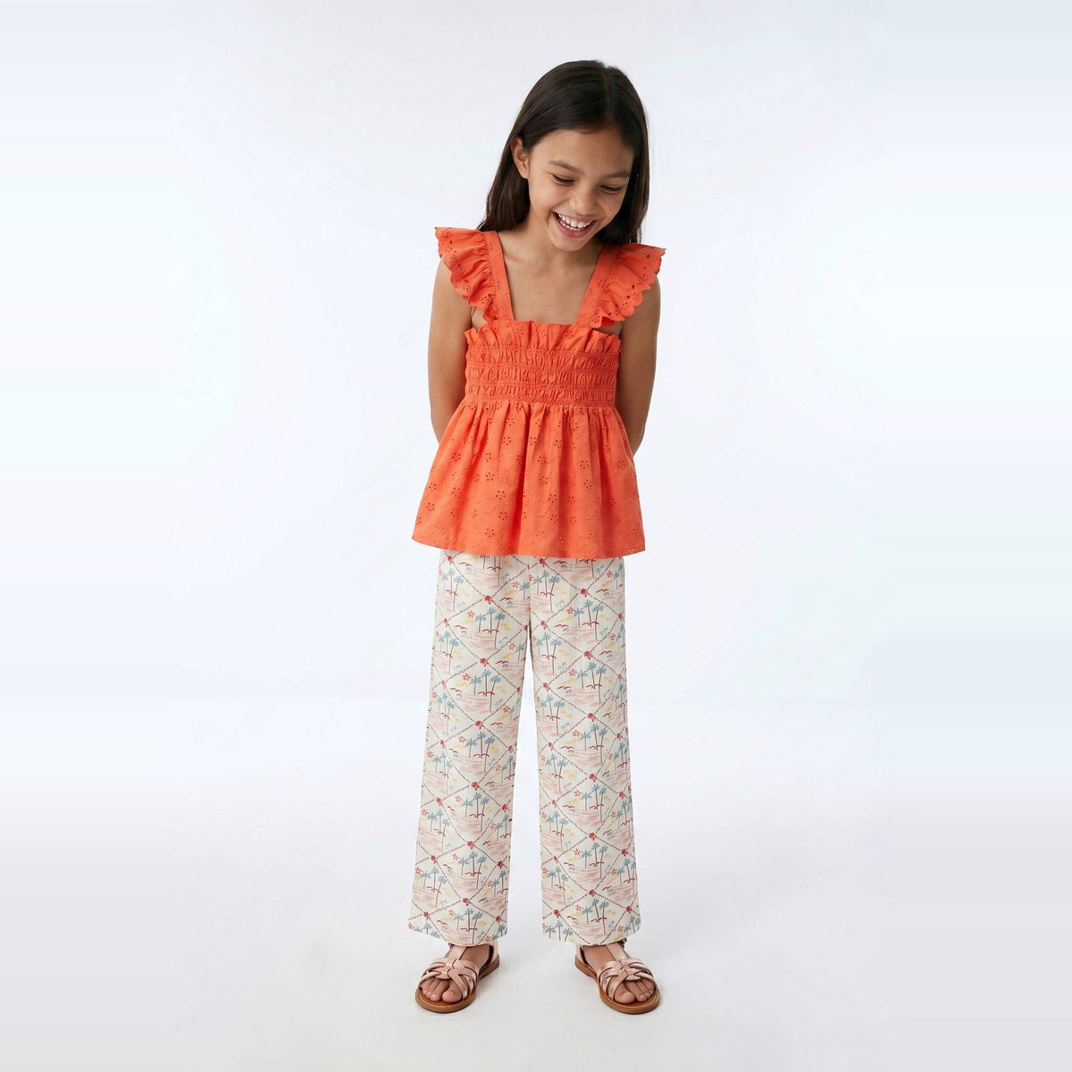 Blouse brodée en coton corail, MONOPRIX