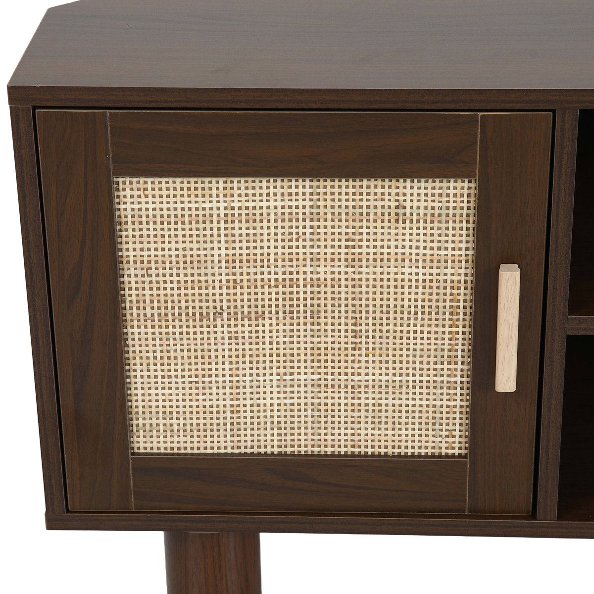 Meuble TV d'angle effet bois et cannage 120 cm en rotin synthétique style bohème, ADAM bois foncé, OVIALA