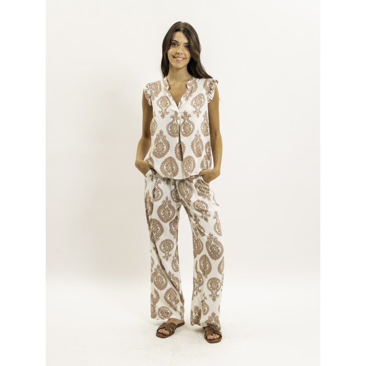 Pantalon Fluide Motifs Emiline beige, DONA LISA
