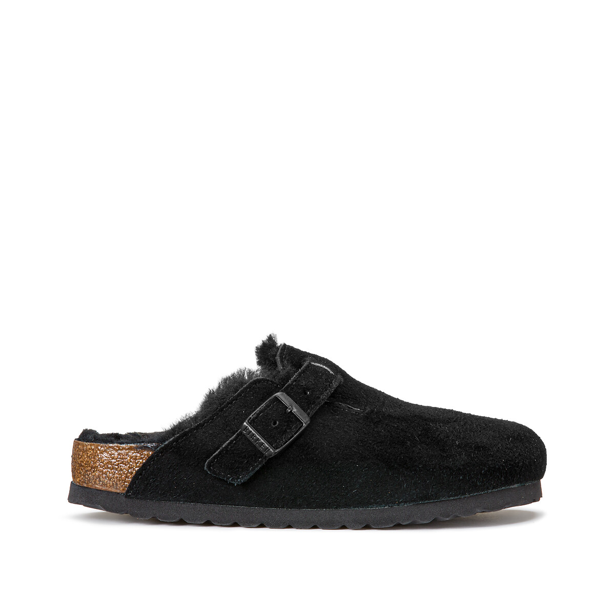 Sabots fourrés en cuir suédé Boston Sherling noir, BIRKENSTOCK