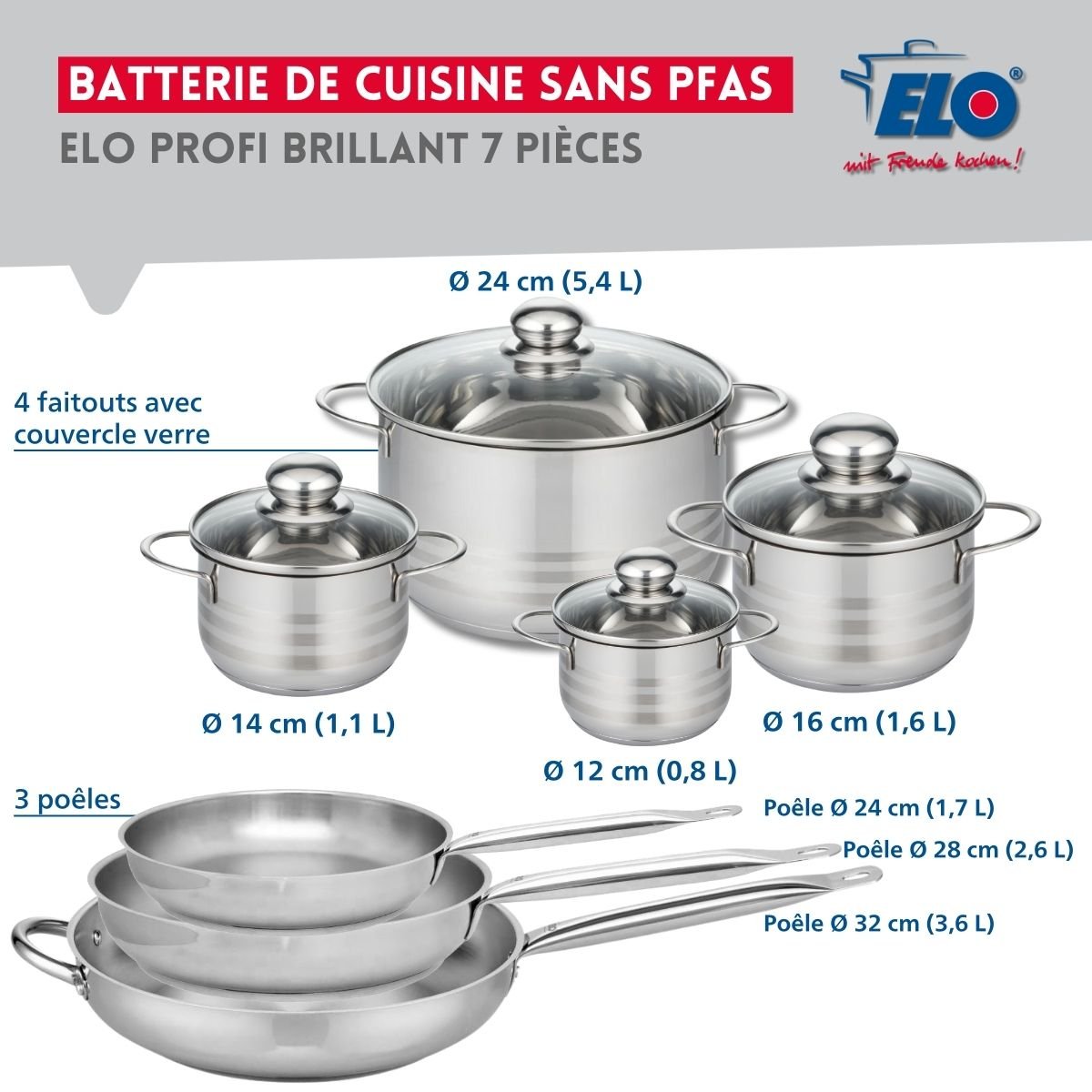3 poêles 24/28/32cm + 4 faitouts 12/14/16/24cm PROFI BRILLANT gris, ELO
