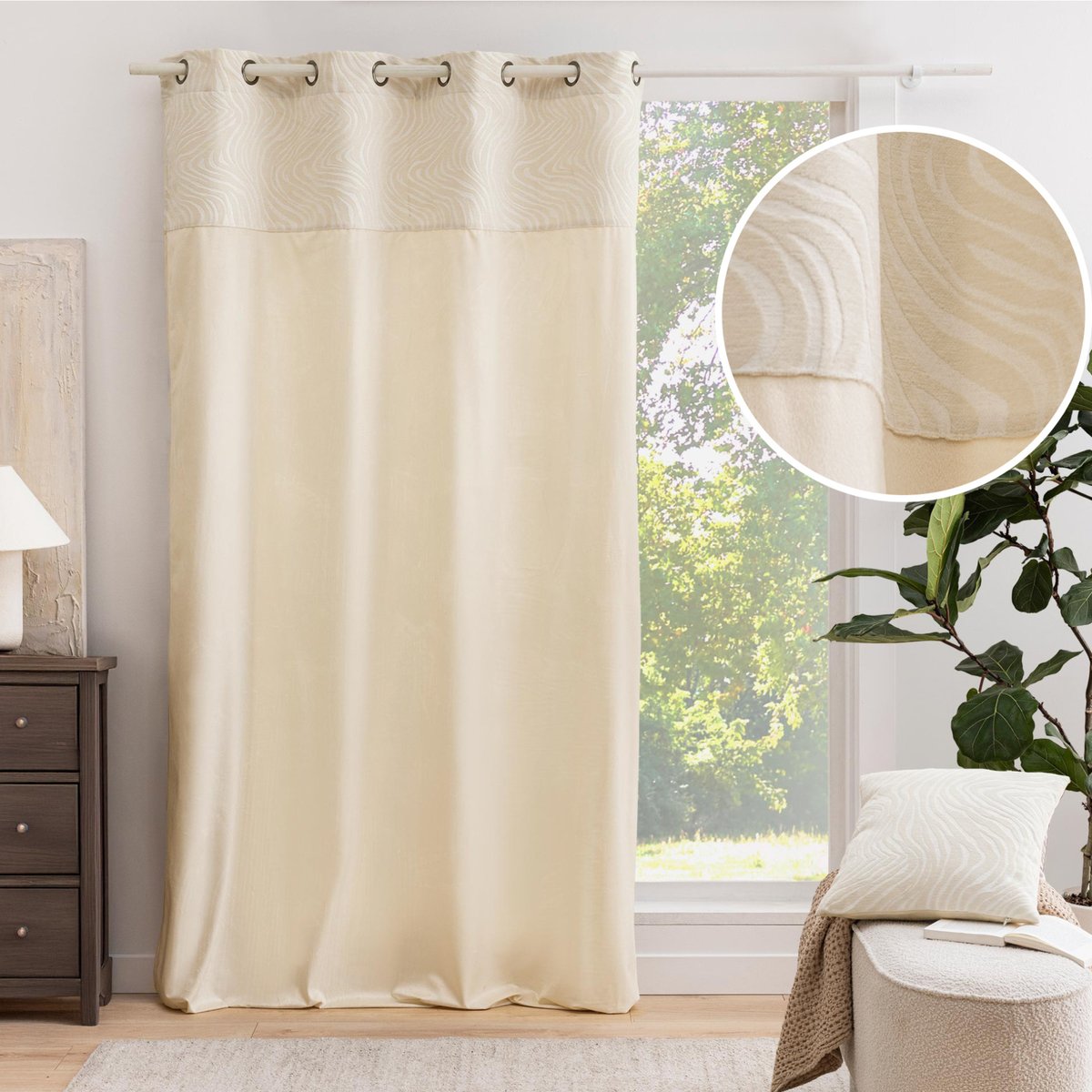 Rideau tamisant à œillets en velours avec bandeau jacquard zébré naturel, DOUCEUR D'INTÉRIEUR