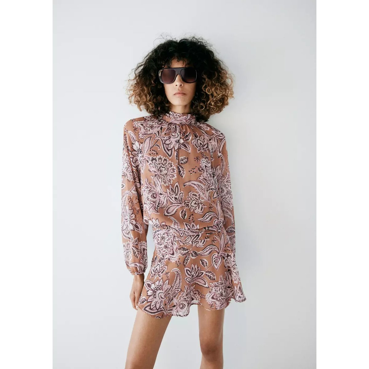 Robe imprimée détails froncés orange brûlé, MANGO