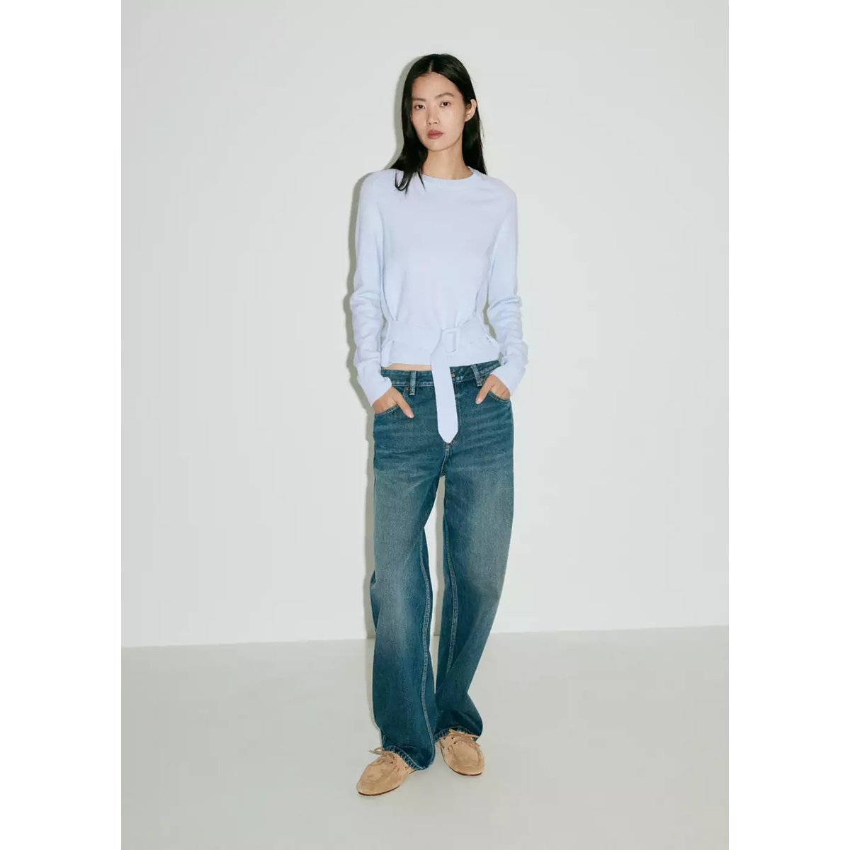 Pull en jersey avec ceinture à boucle bleu ciel, MANGO