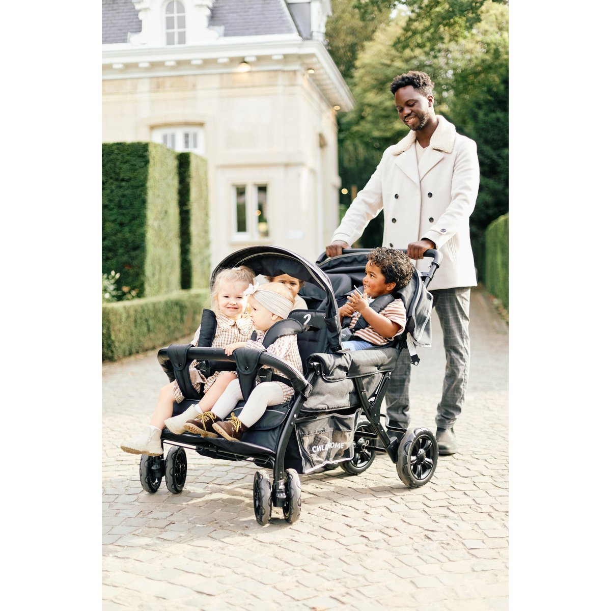 Quadruple poussette capacité 4 enfants + housse de pluie + pare-soleil noir, CHILDHOME