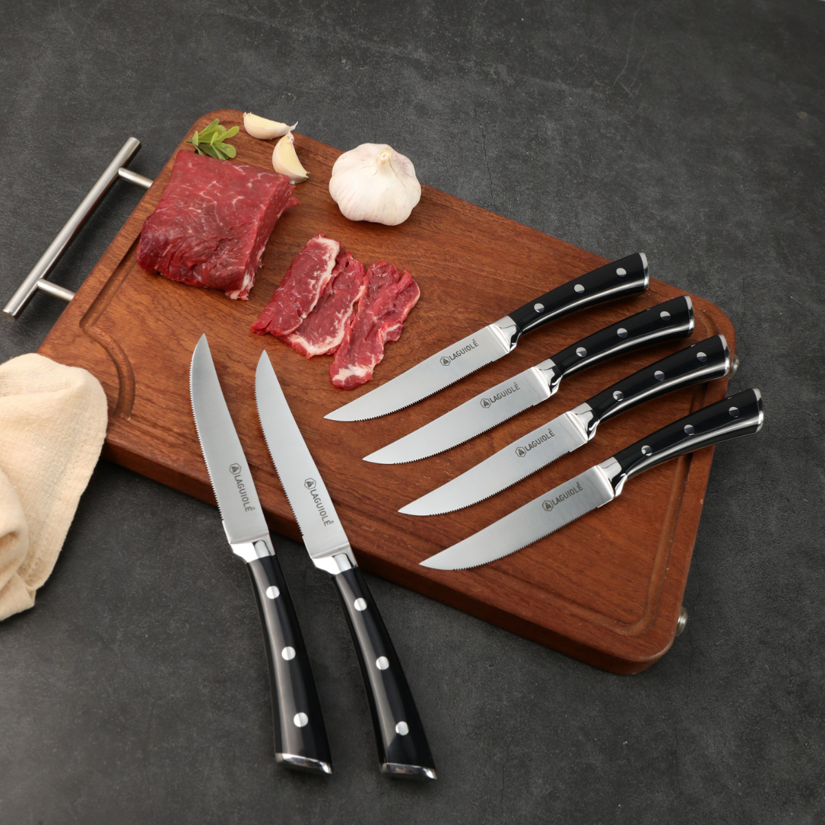 Set de 6 couteaux à steak en acier noir - "Lustrobois" couleur unique, LAGUIOLE CUISSON
