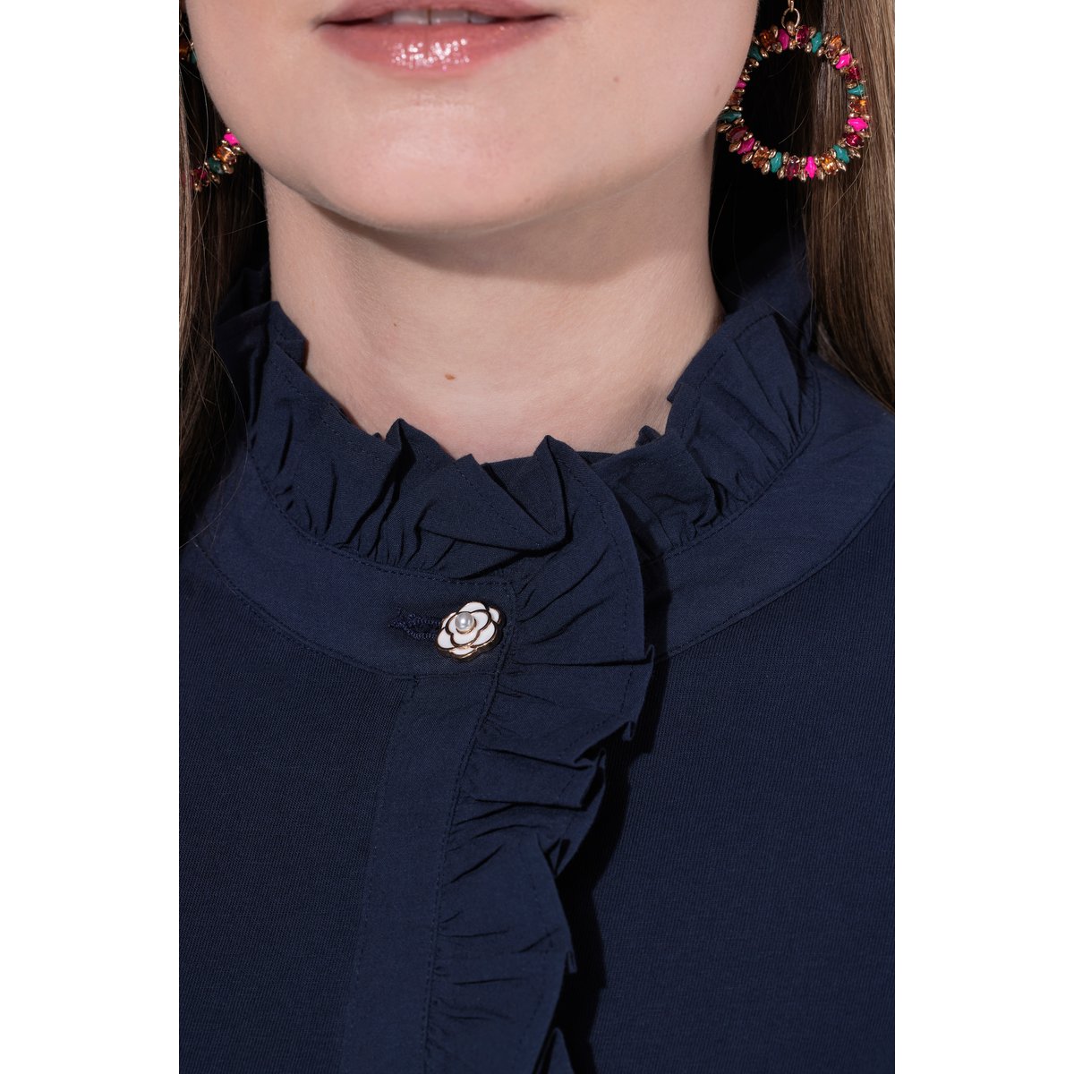 T-shirt avec ruchés et manches courtes marine, ULLA POPKEN