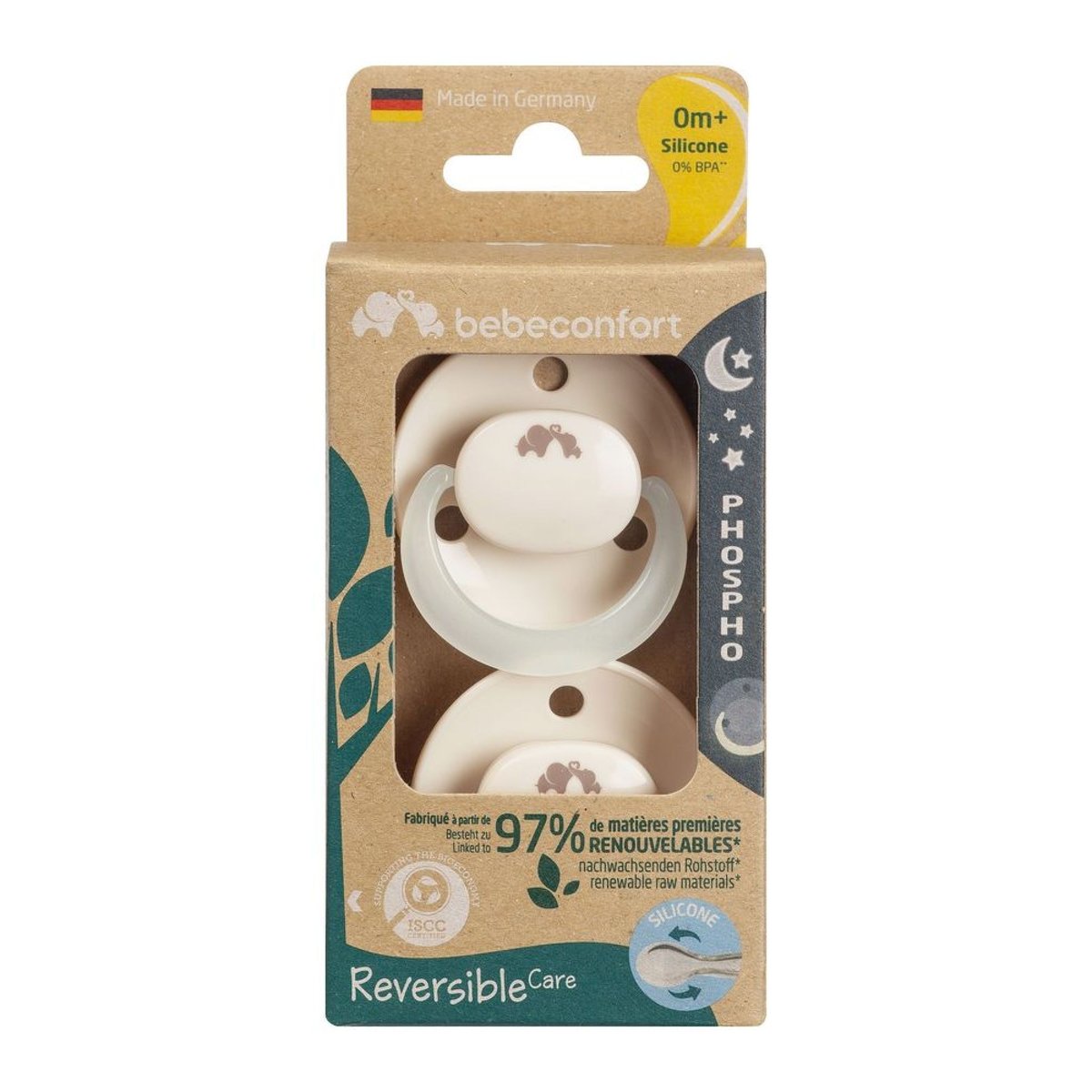 Lot de 2 sucettes Eco Reversible phosphorescente Sand naissance couleur unique, BEBECONFORT