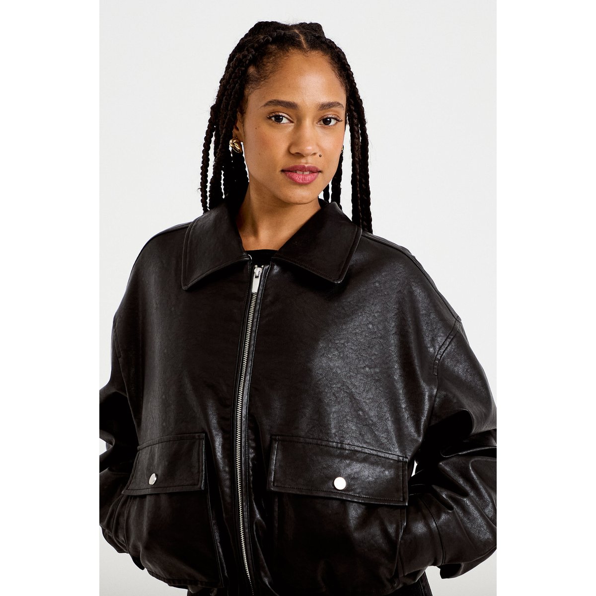Veste droite similicuir col tailleur noir, CACHE CACHE