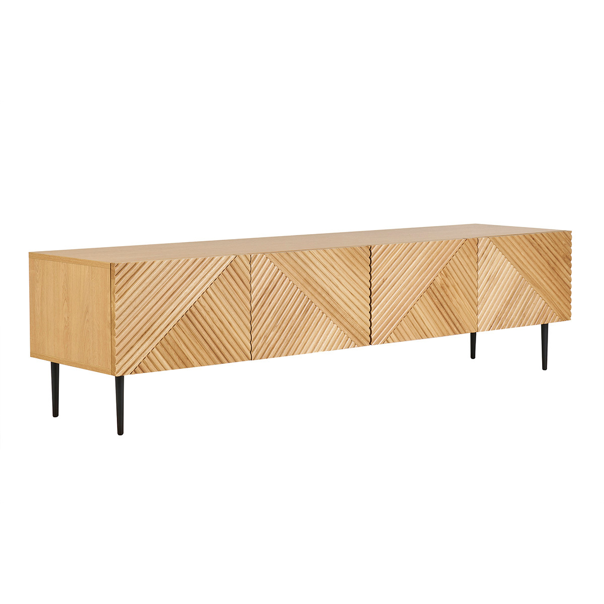 Meuble TV design en bois clair chêne massif gravé et métal noir 4 portes L180 cm ARCHIPEL chêne clair, MILIBOO