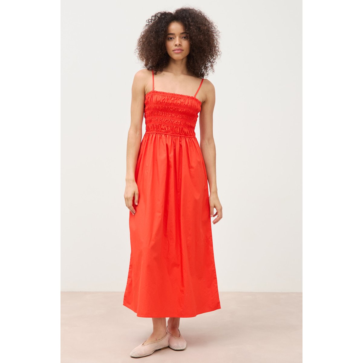Robe bretelles col carré en coton orange foncé, BONOBO
