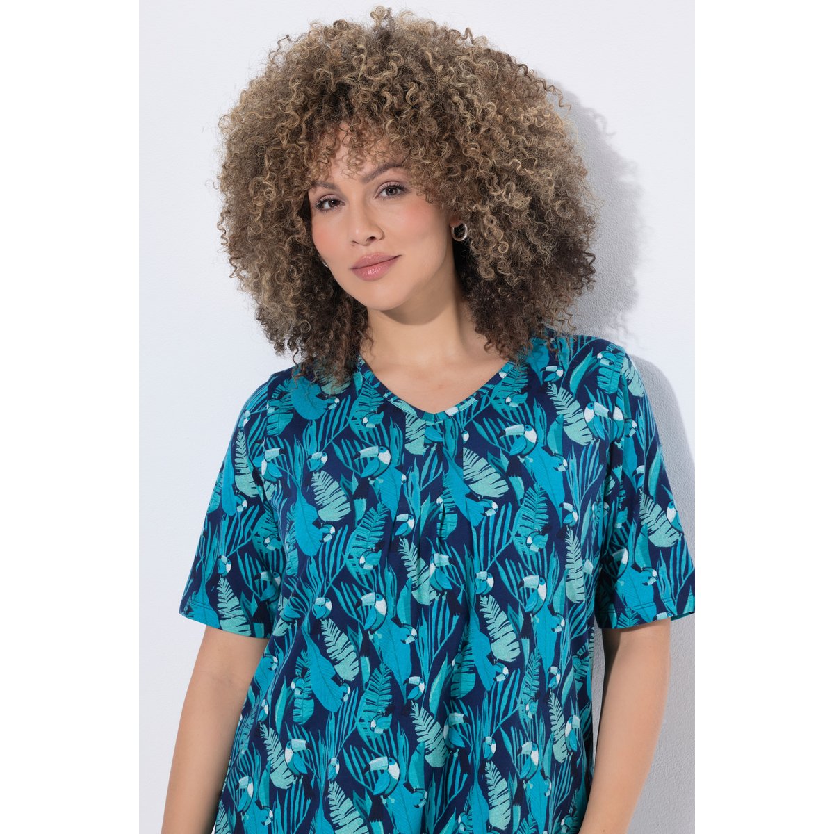 T-shirt motif toucans, plis fantaisie bleu encre, ULLA POPKEN