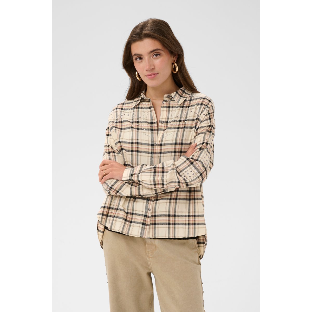 Chemise à manches longues beige bleached check, CREAM