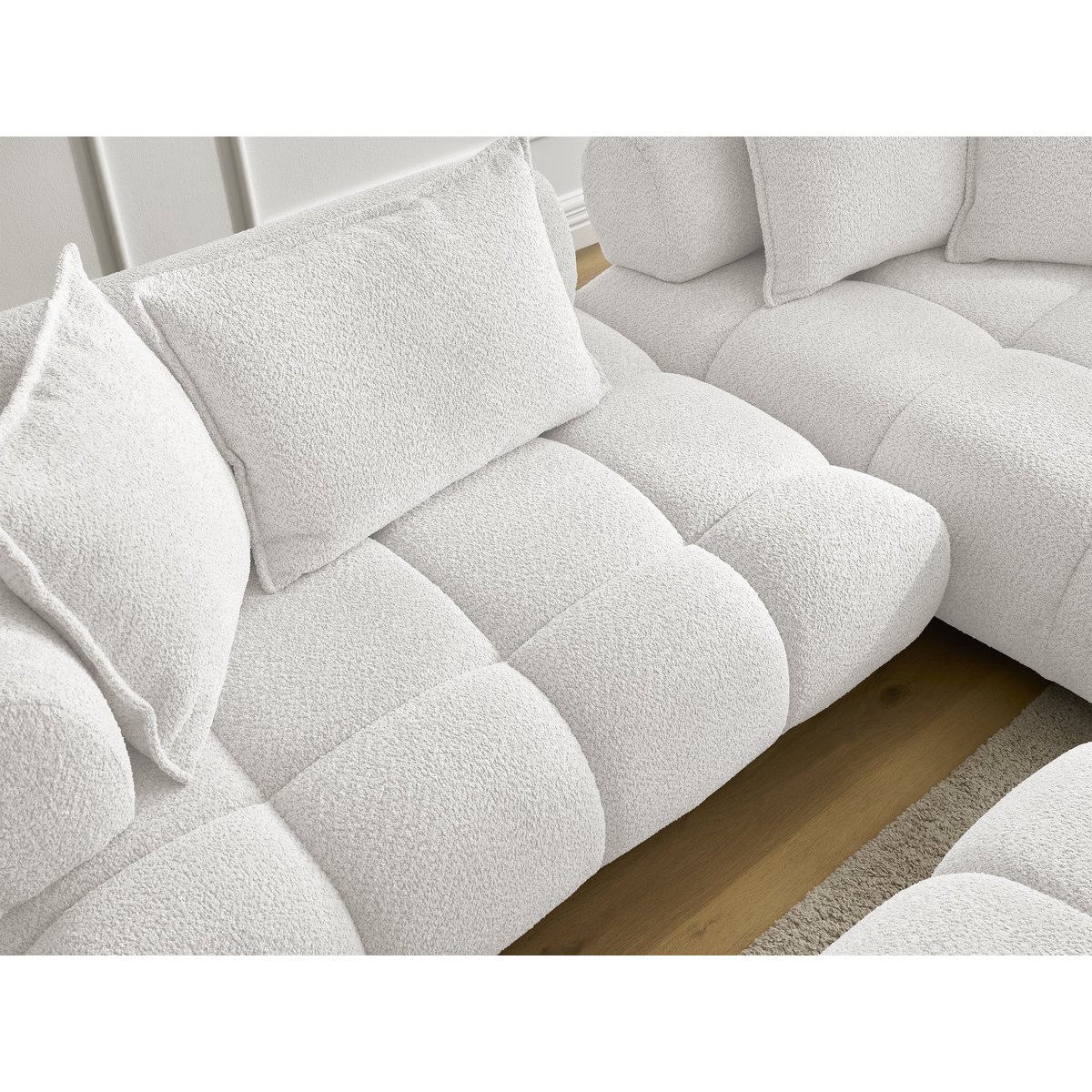 Canapé d'angle fixe 4 places en tissu bouclette avec pouf, ALYA blanc, BOBOCHIC