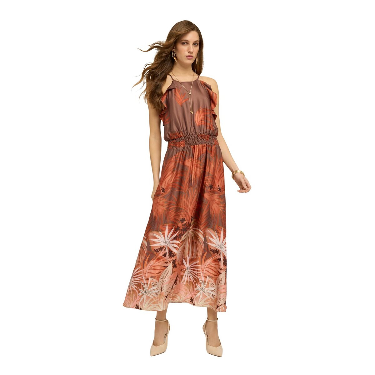 Robe longue imprimée orange soleil, MOTIVI