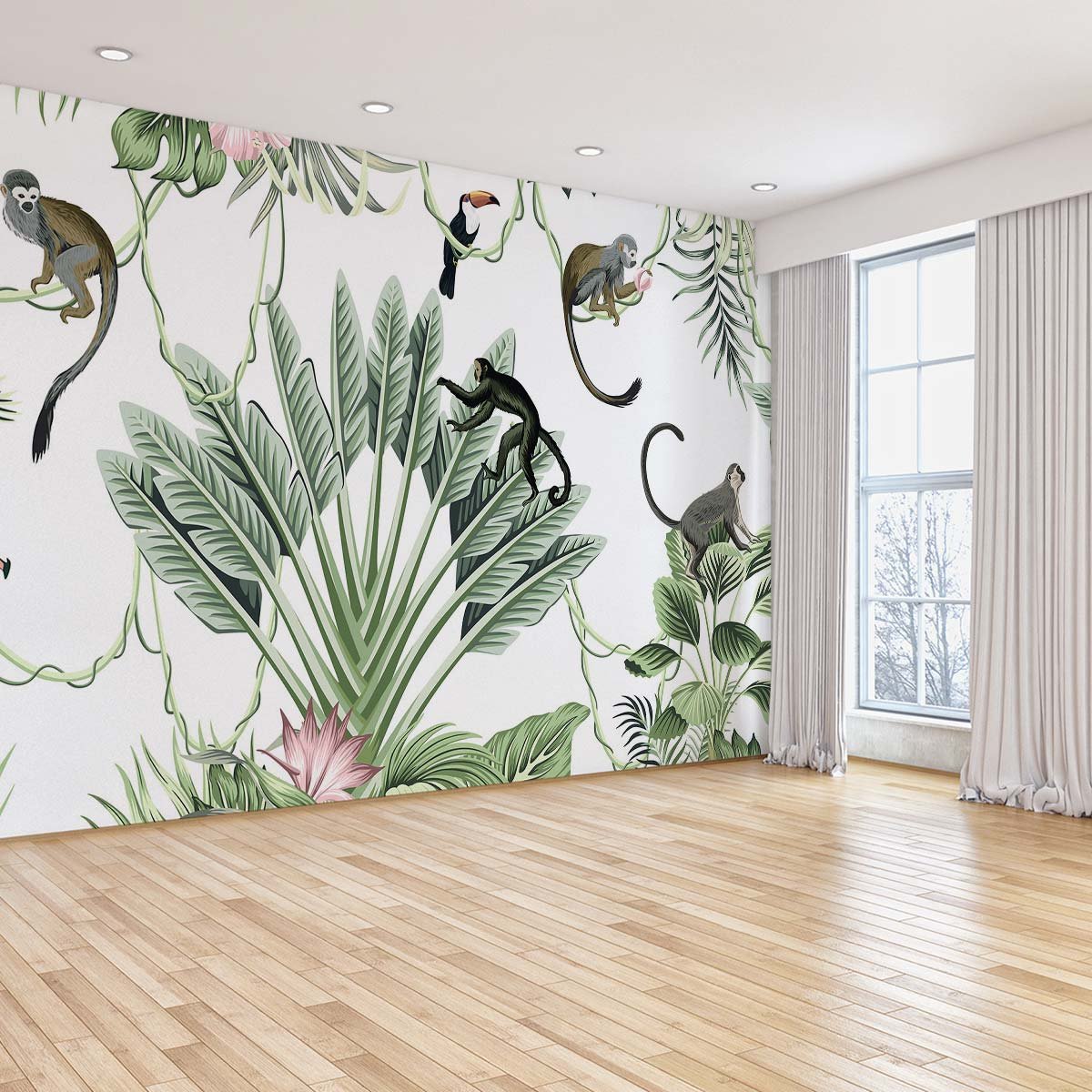 Papier peint panoramique singes et flamants tropicaux intissé, HEXOA