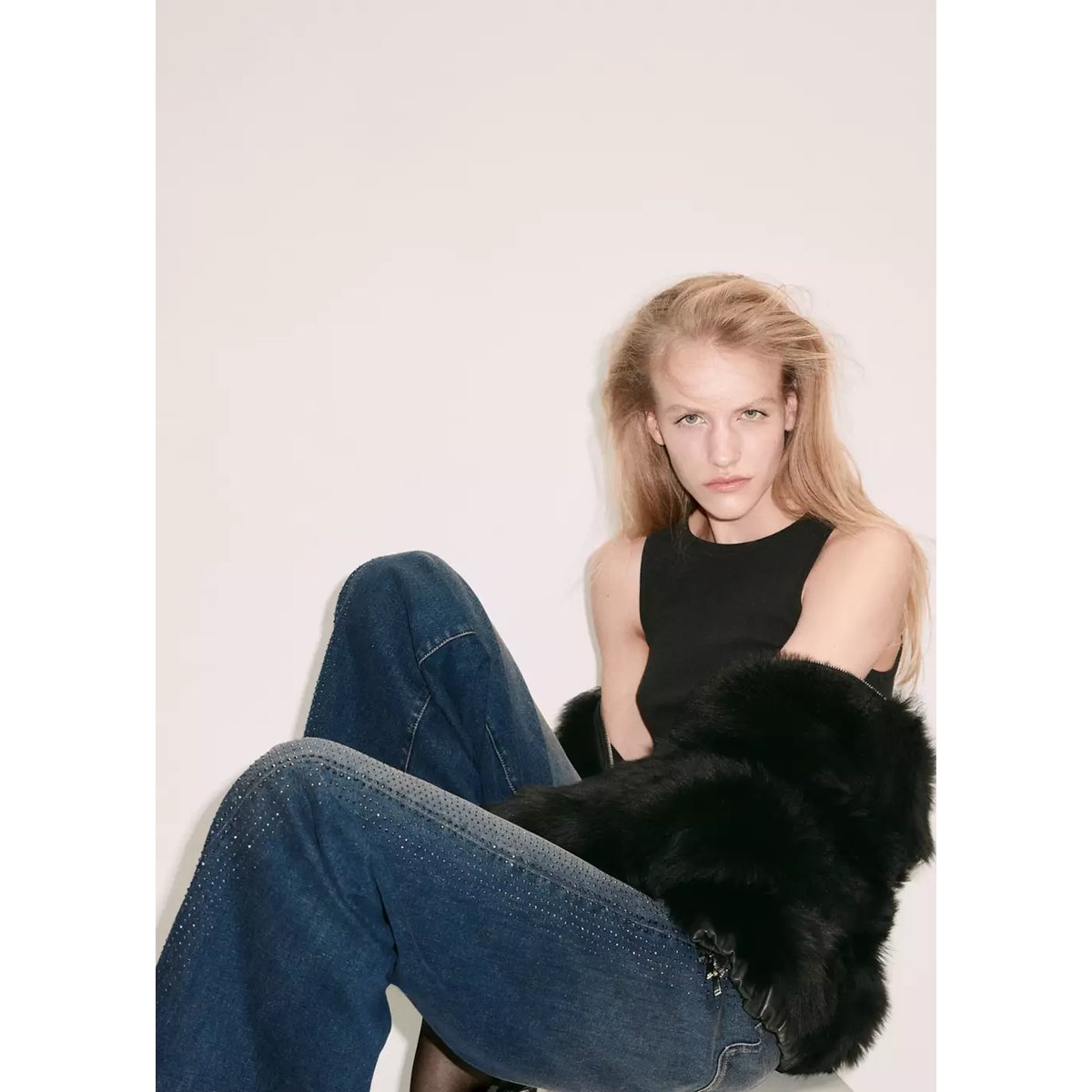 Jean wide leg avec détail strass bleu foncé, MANGO
