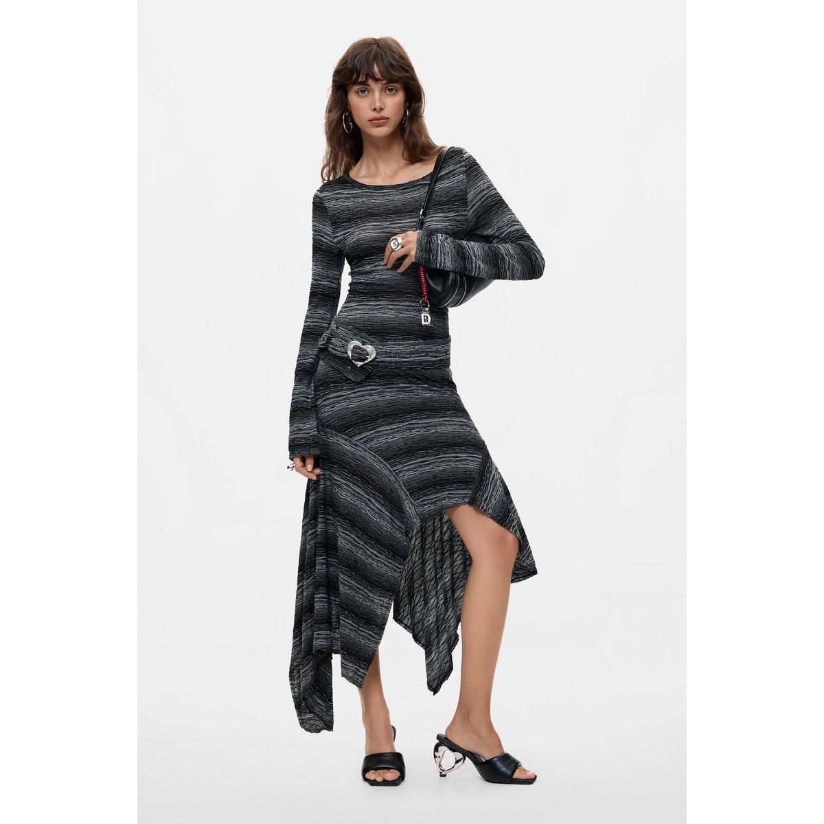 robe midi asymétrique en maille noir, DESIGUAL
