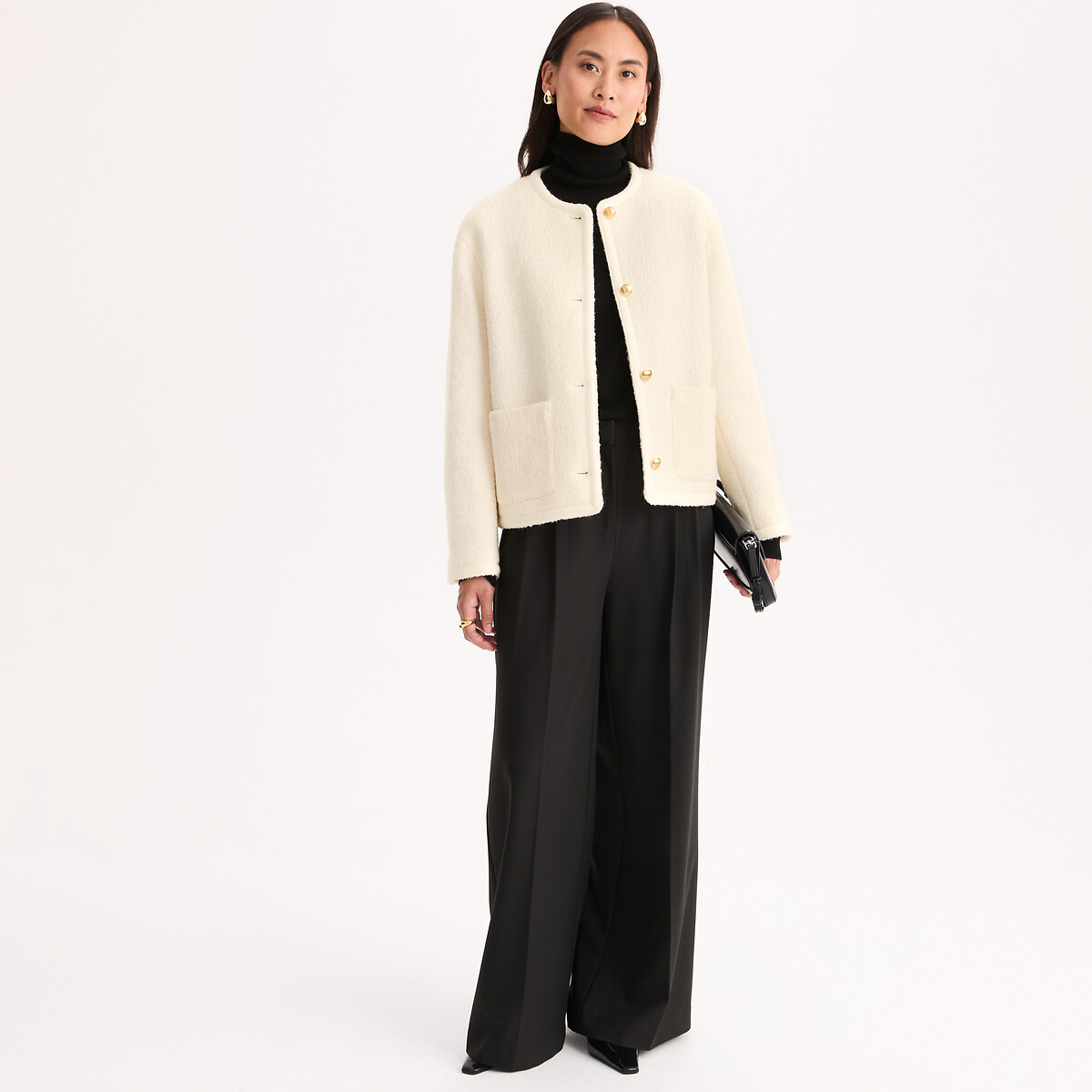 Giacca girocollo oversize in misto lana ecru , ANNE WEYBURN