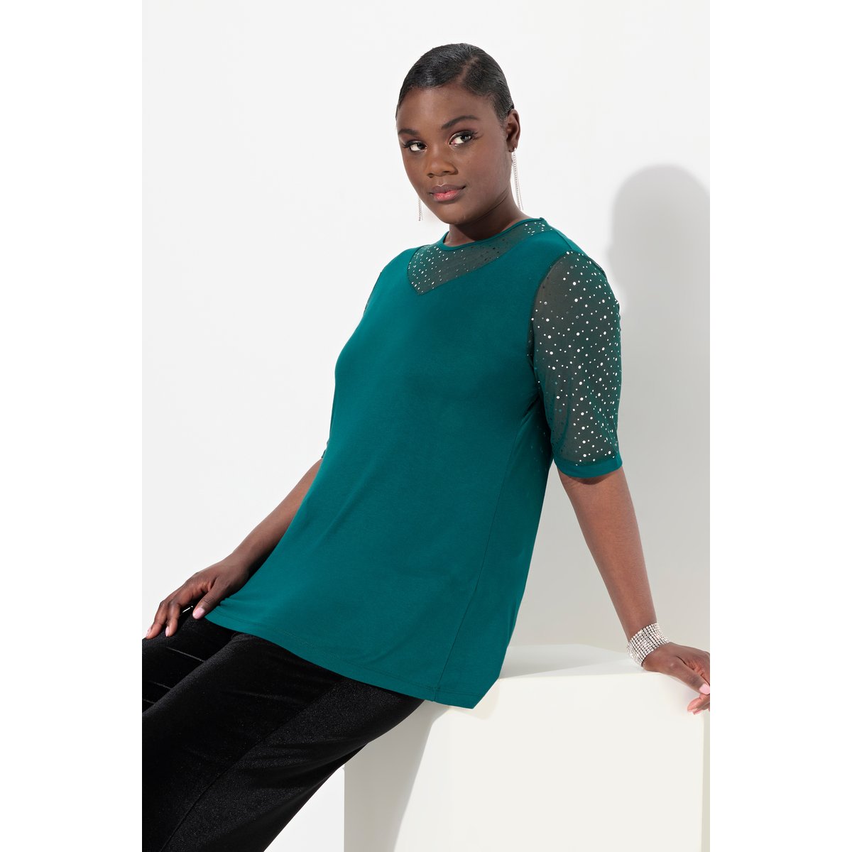T-shirt à coupe Classic Fit. Voile en mesh vert foncé, ULLA POPKEN