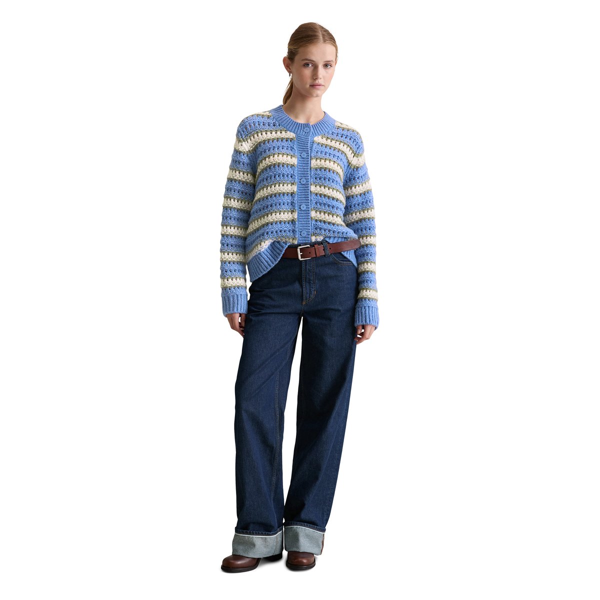 Cardigan regular en doux mélange de laine vierge bleu moyen, MARC O’POLO DENIM