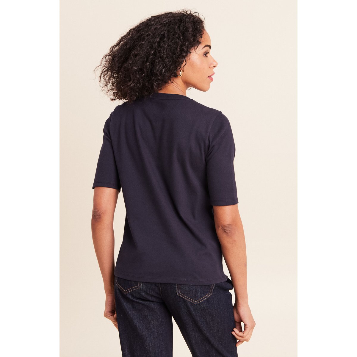 T-shirt ajusté col rond manches coudes bleu foncé, BREAL