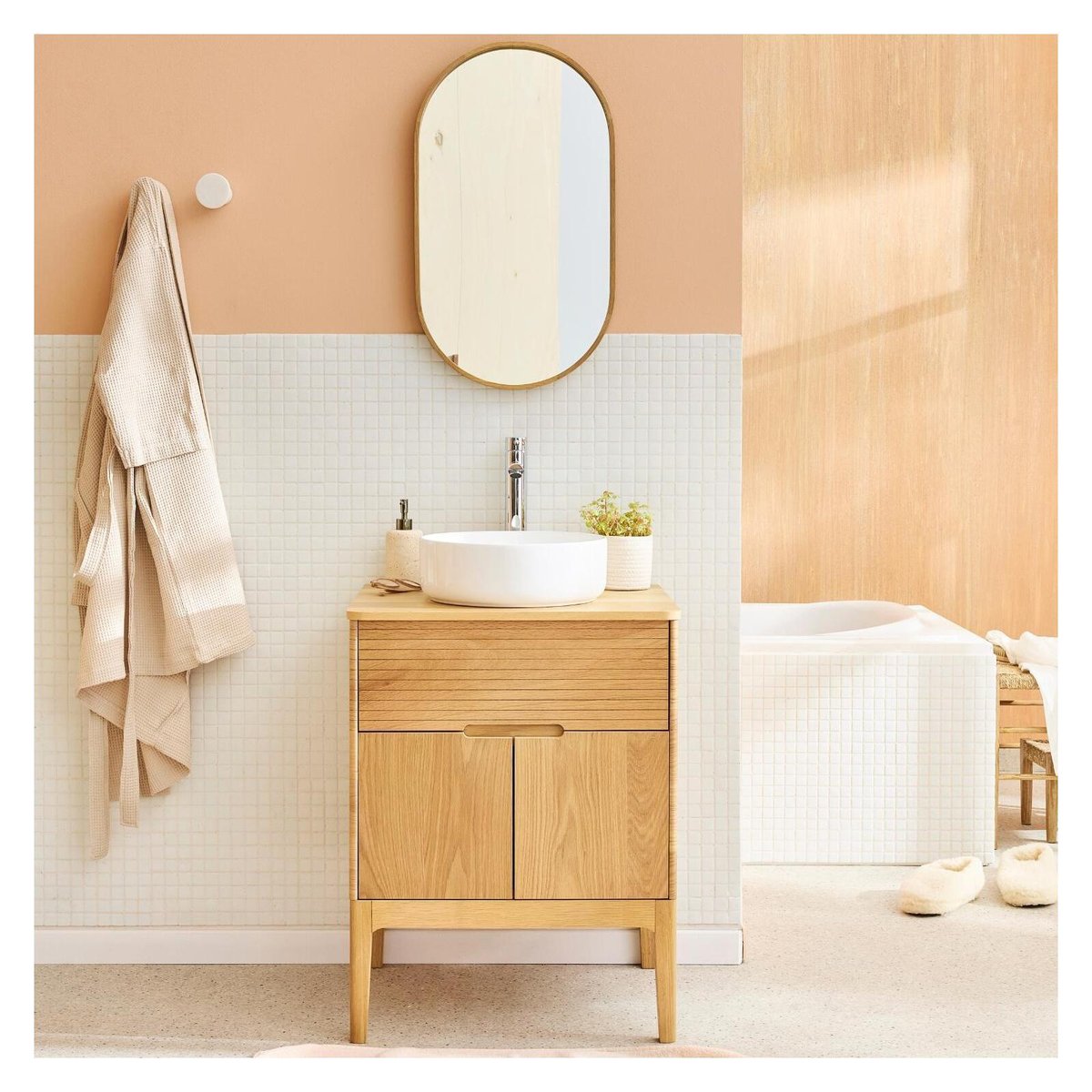 Ensemble meuble simple vasque 60cm + vasque + robinet + miroir ALASKA chêne - mdf - mat, MOB IN