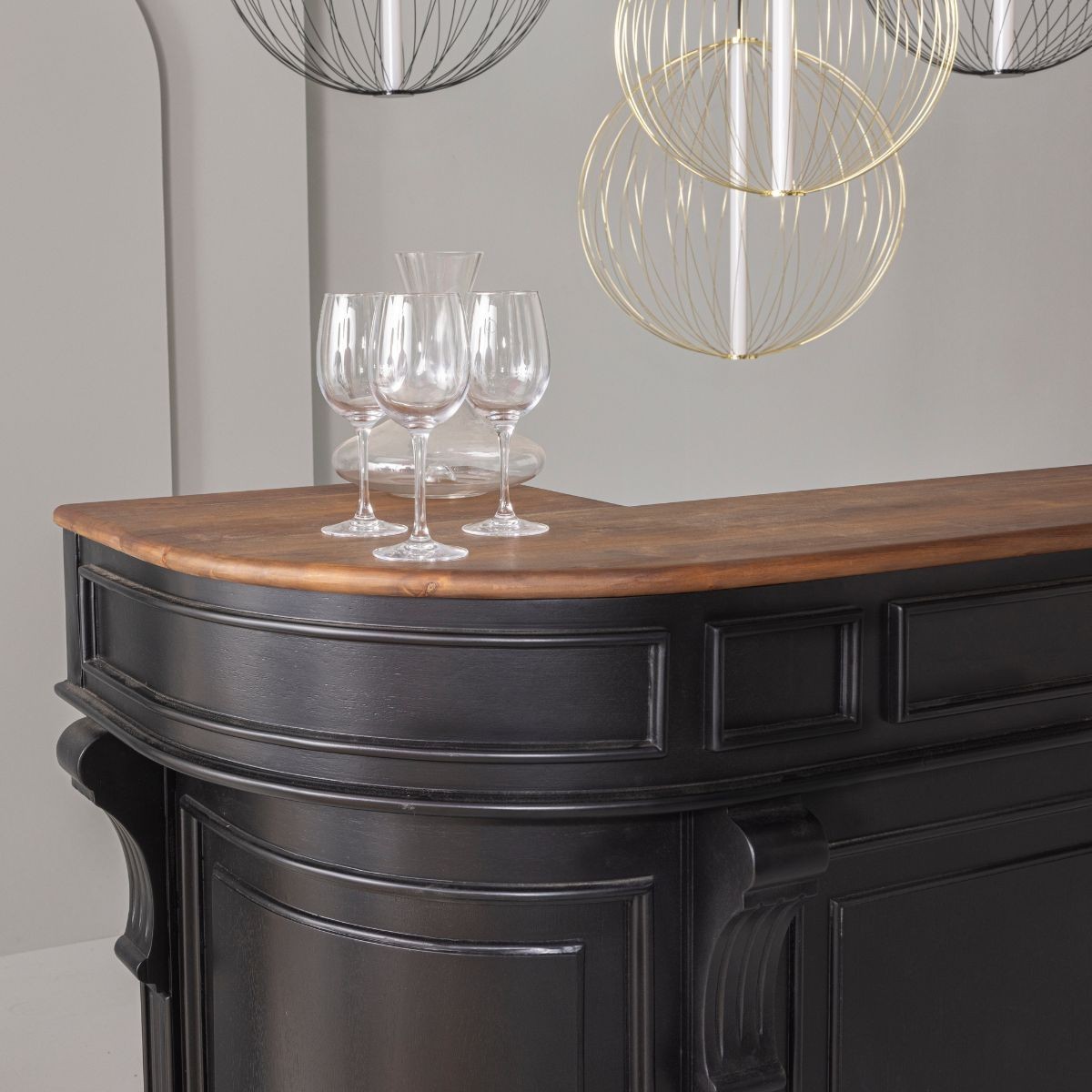 Comptoir estaminet en acacia massif peint en noir L200 cm noir, SIGNATURE