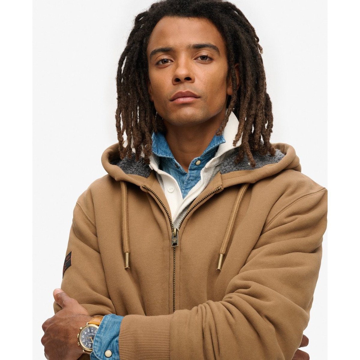 Sweat à capuche zippé et doublé en peau lainée caramel, SUPERDRY