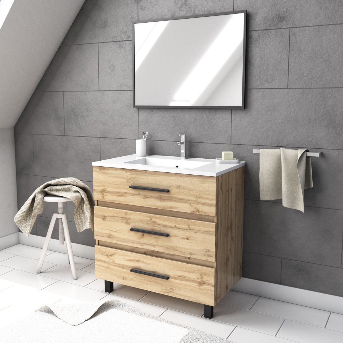Pack caisson à tiroirs avec vasque et miroir marron foncé, HOME MAISON