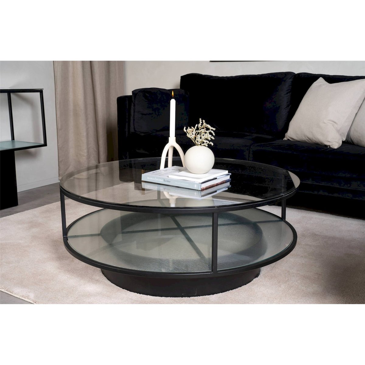 Table basse ronde CREASTER en verre et métal noir et transparent, RECOLLECTION