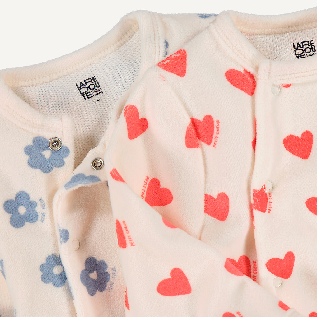 Lot de 2 pyjamas 1 pièce velours, coeurs et fleurs assortis, LA REDOUTE COLLECTIONS