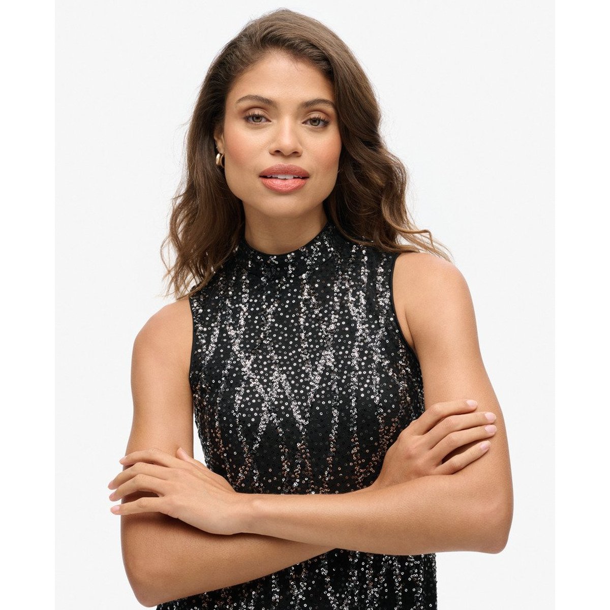 Robe trapèze courte sans manches à sequins sequins noirs, SUPERDRY