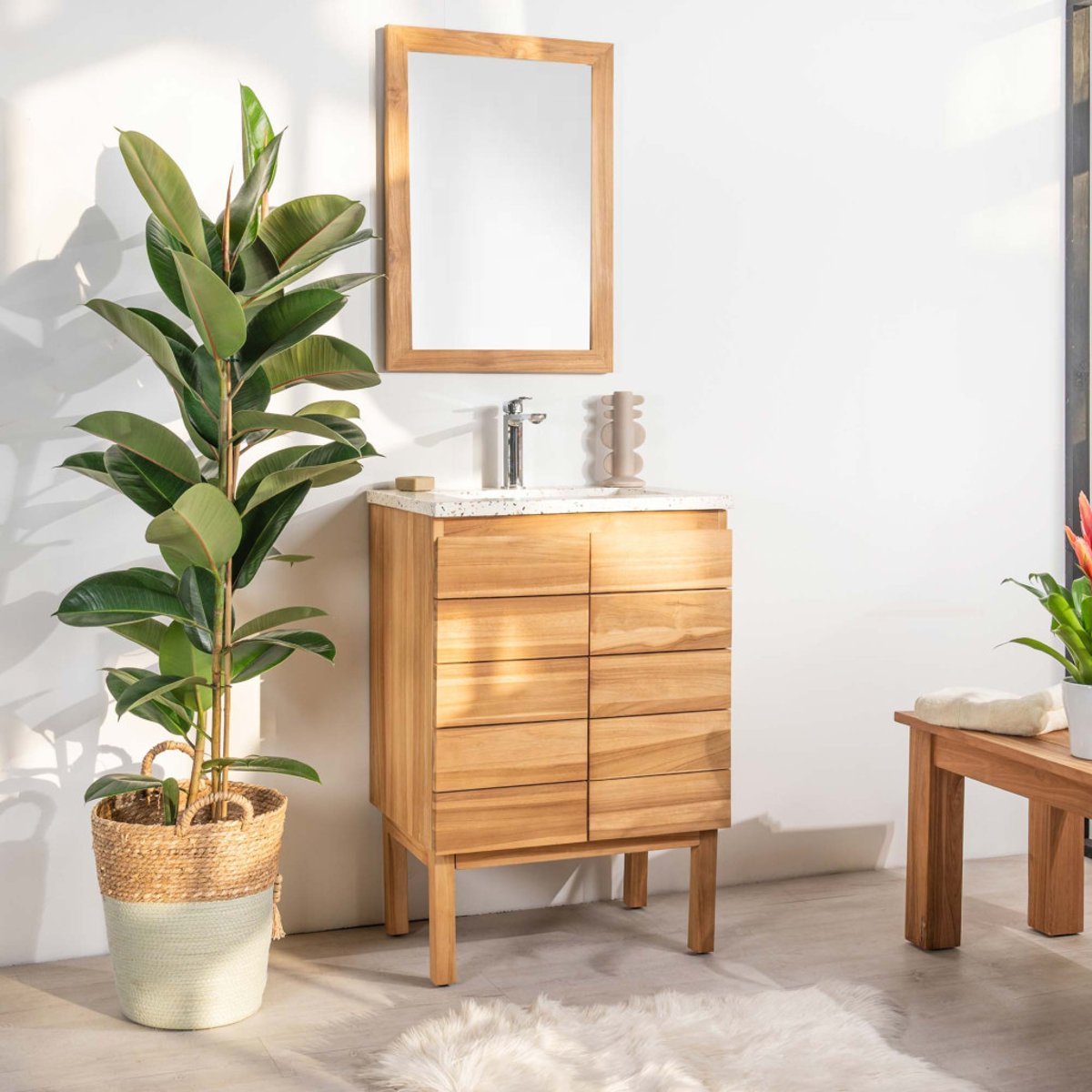 Meuble salle de bain en teck et terrazzo crème Ananta 60cm crème, WANDA COLLECTION