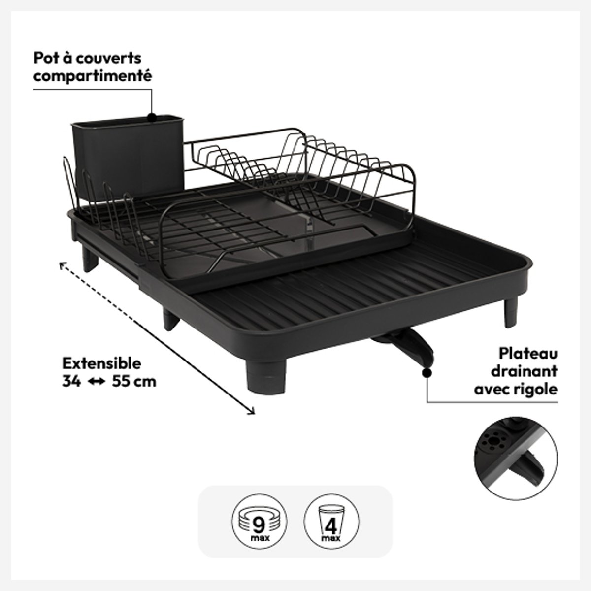 Égouttoir à vaisselle extensible BLACK EDITION noir, 5FIVE SIMPLY SMART